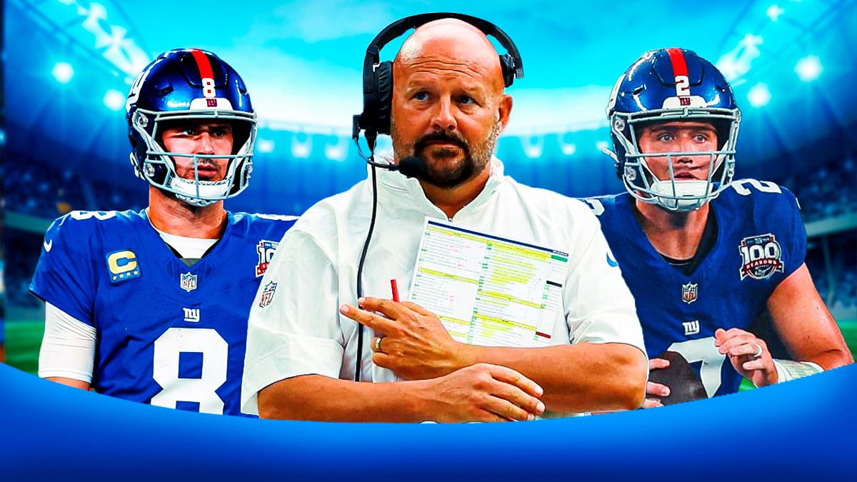 New York Giants head coach Brian Daboll with quarterbacks Daniel Jones and Drew Lock