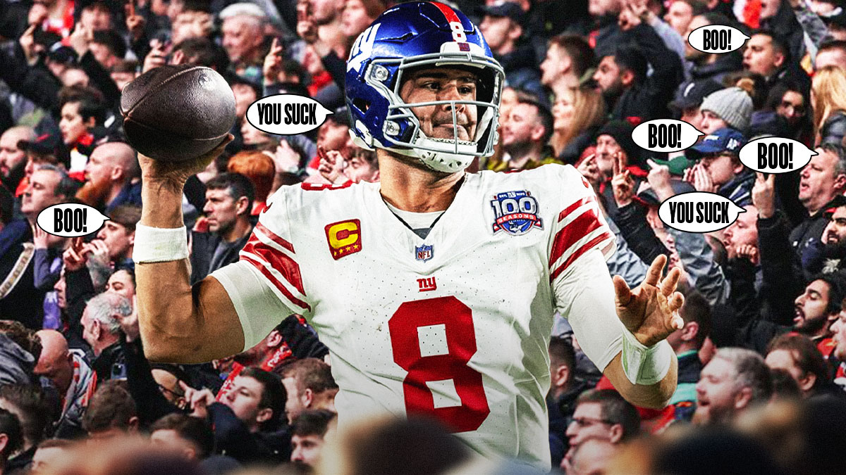 Daniel Jones surrounded by boos and "You Suck" messages from fans