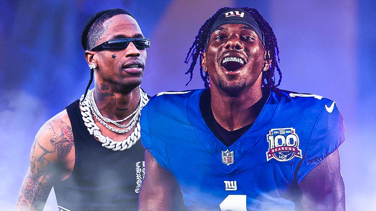 Travis Scott and New York Giants wide receiver Malik Nabers, who is in concussion protocol, with MetLife Stadium background.