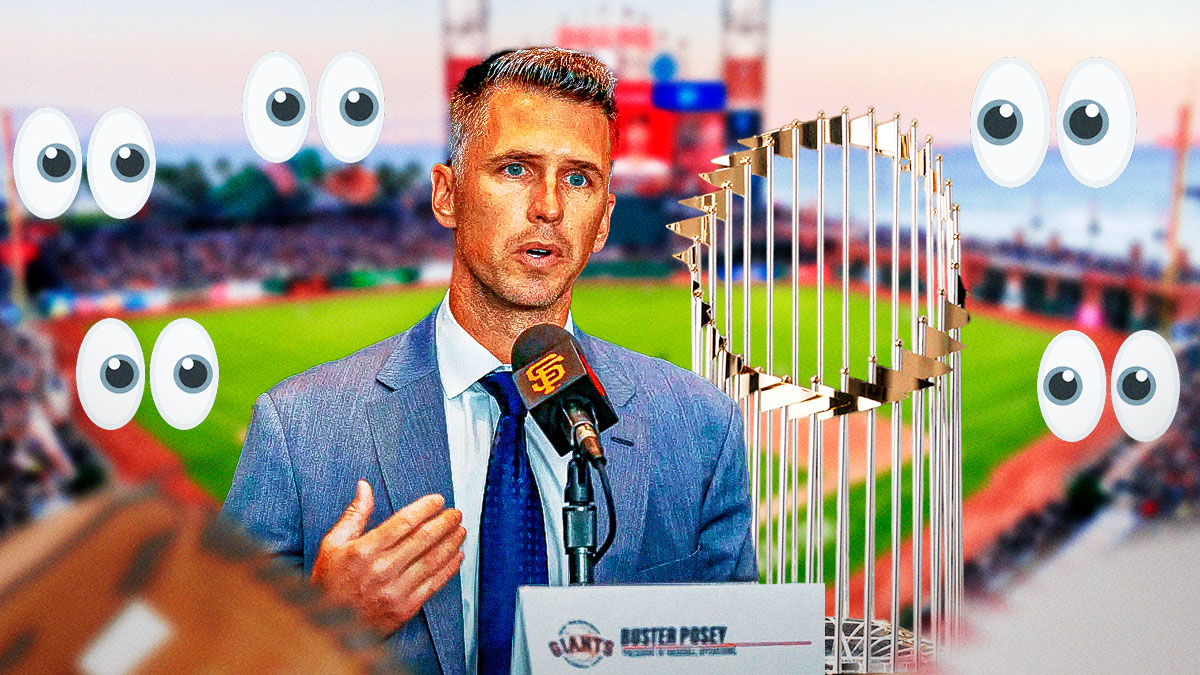 Giants' President Buster Posey next to Zack Minasian, who has been hired as their new GM. Can you add the World Series 2025 trophy with the eye ball emojis looking at it.