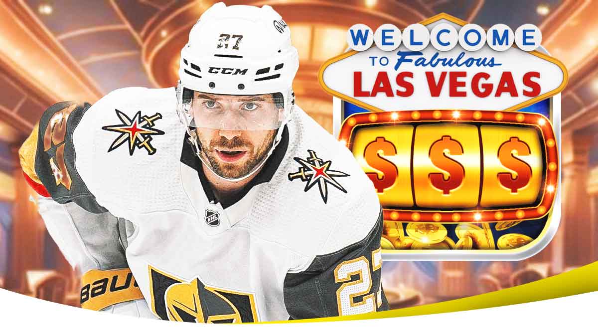 Golden Knights defenseman Shea Theodore in front of a Vegas slot machine $$$