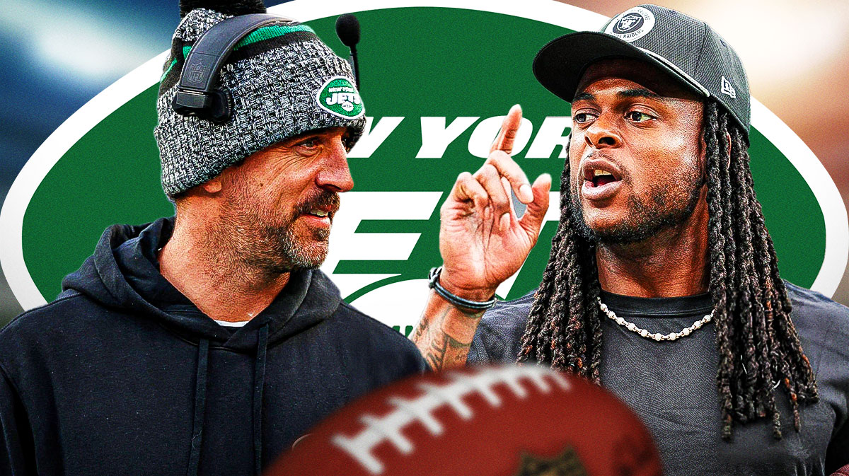 Davante Adams next to a NY Jets logo and Aaron Rodgers smiling
