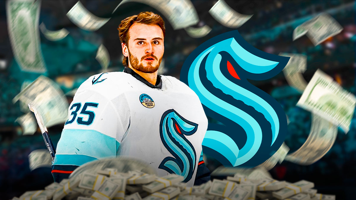 Kraken goalie Joey Daccord surrounded by money