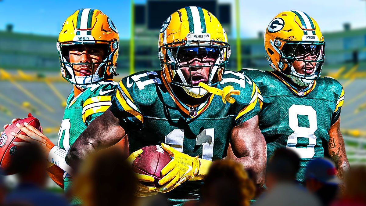 Jordan Love, Josh Jacobs (Packers) and Jayden Reed in front of the Packers stadium