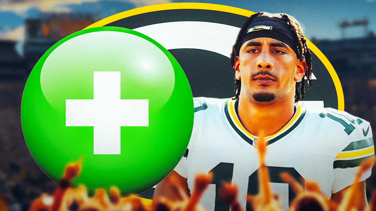 Green Bay Packers QB Jordan Love with a green injury symbol. There is also a logo for the Green Bay Packers.