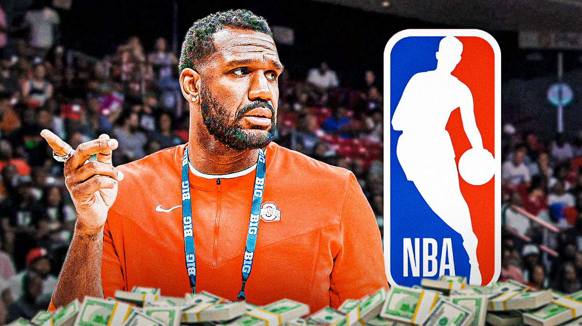 Former NBA Trail Blazers center Greg Oden next to the NBA logo and bags of cash