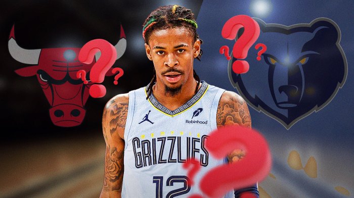 Ja Morant surrounded by question marks featuring a Bulls/Grizzlies BG.
