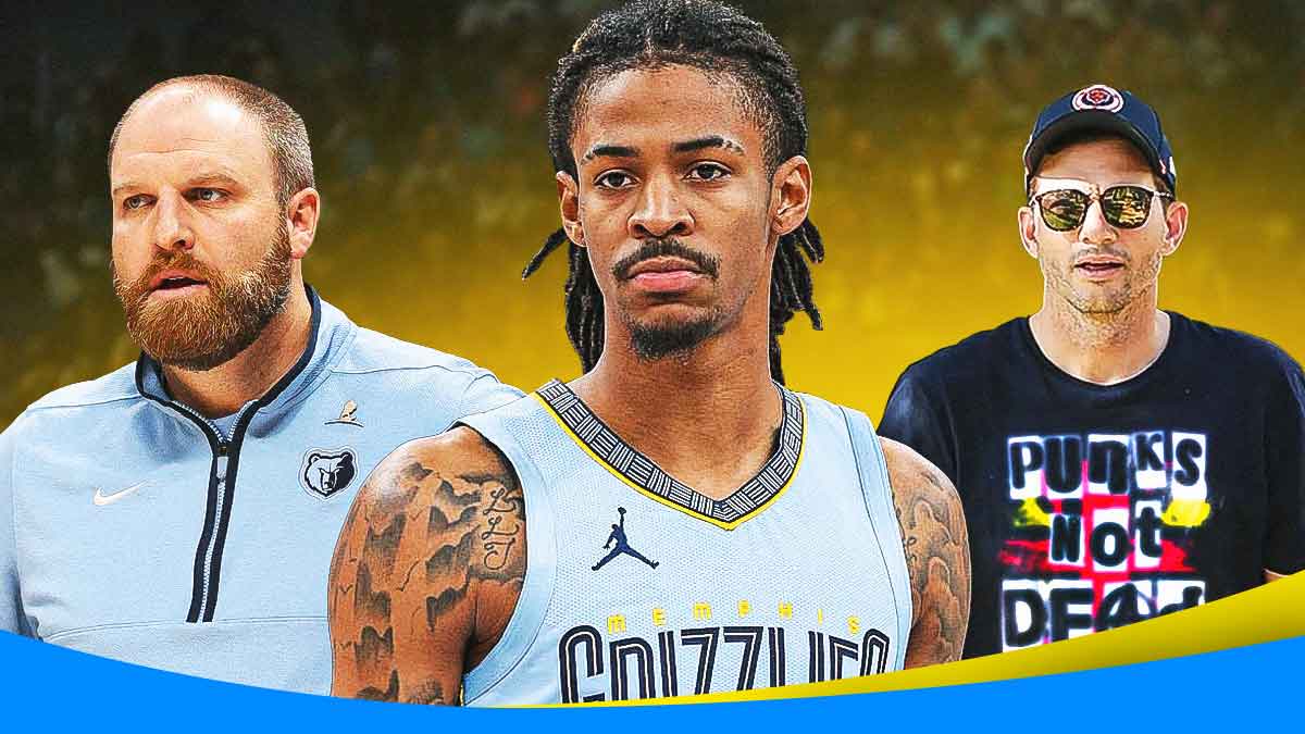 Ja Morant and Grizzlies head coach Taylor Jenkins looking down while Ashton Kutcher (wearing a punked shirt) looks on.