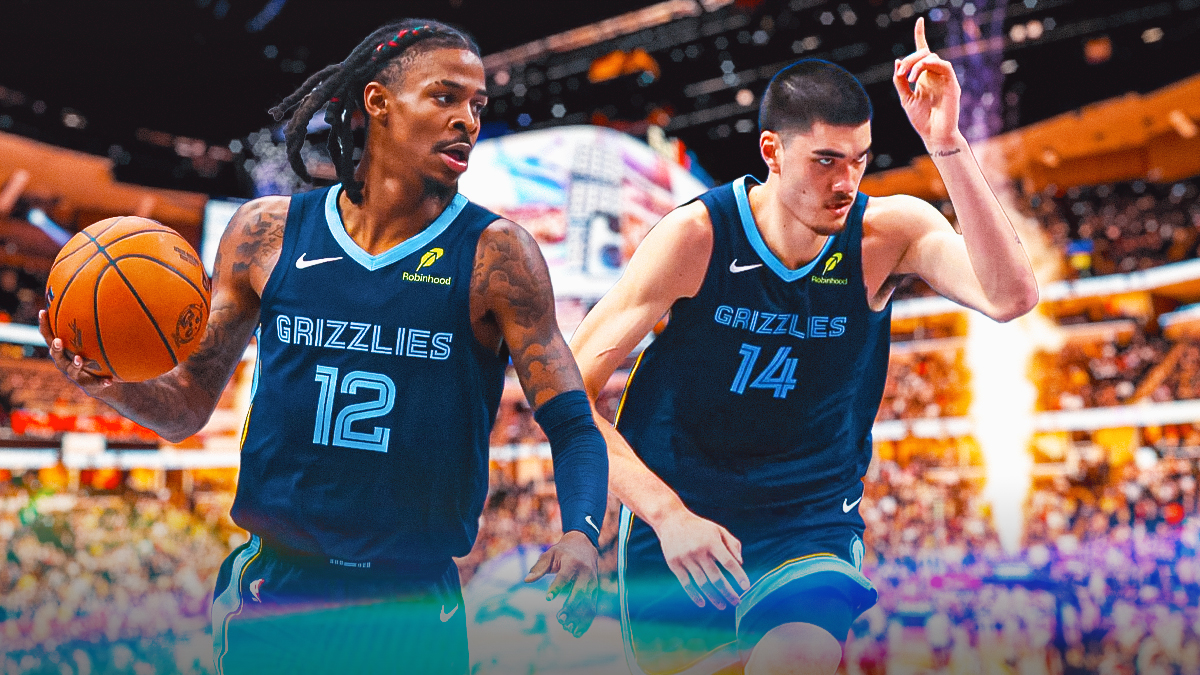 Memphis Grizzlies players Ja Morant and Zach Edey with the Memphis Grizzlies arena in the background, Marcus Smart