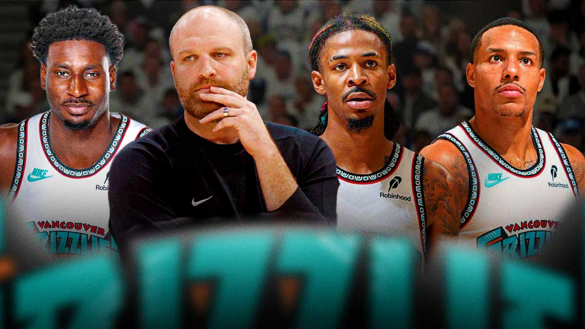 Grizzlies' Taylor Jenkins next to Ja Morant, Desmond Bane, Jaren Jackson Jr.