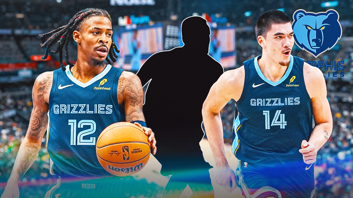 Ja Morant, Zach Edey, and the Grizzlies logo