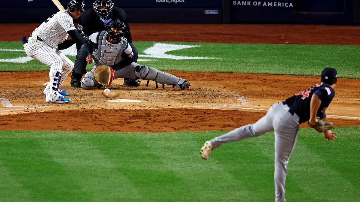 Cleveland Guardians pitcher Joey Cantillo (54) throws a wild pitch to New York Yankees outfielder Juan Soto (22) during the fourth inning the in game one of the ALCS for the 2024 MLB Playoffs at Yankee Stadium