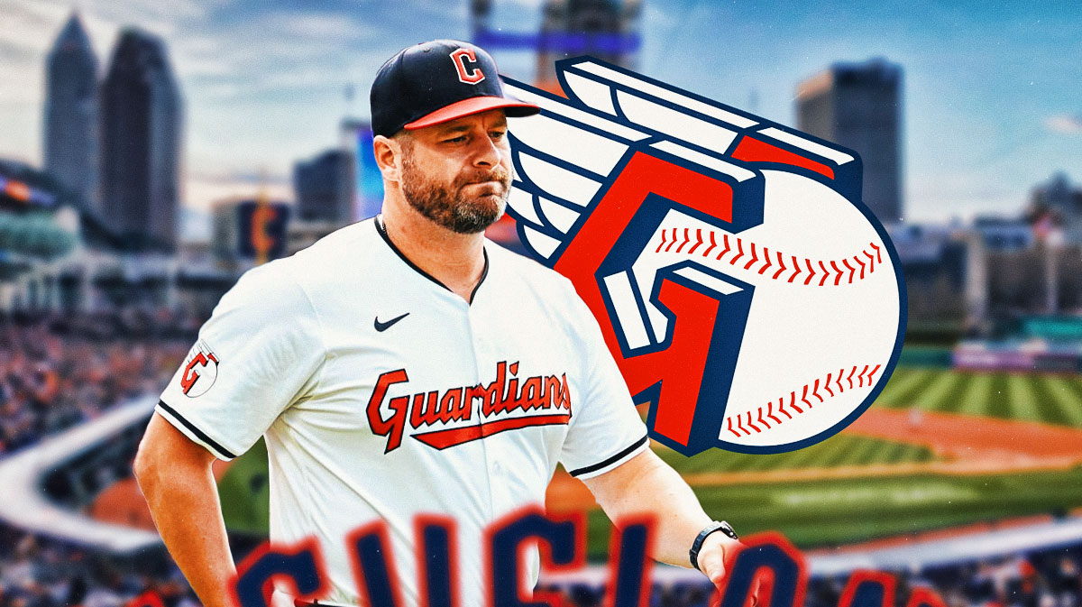 Stephen Vogt next to a Guardians logo at Progressive Field