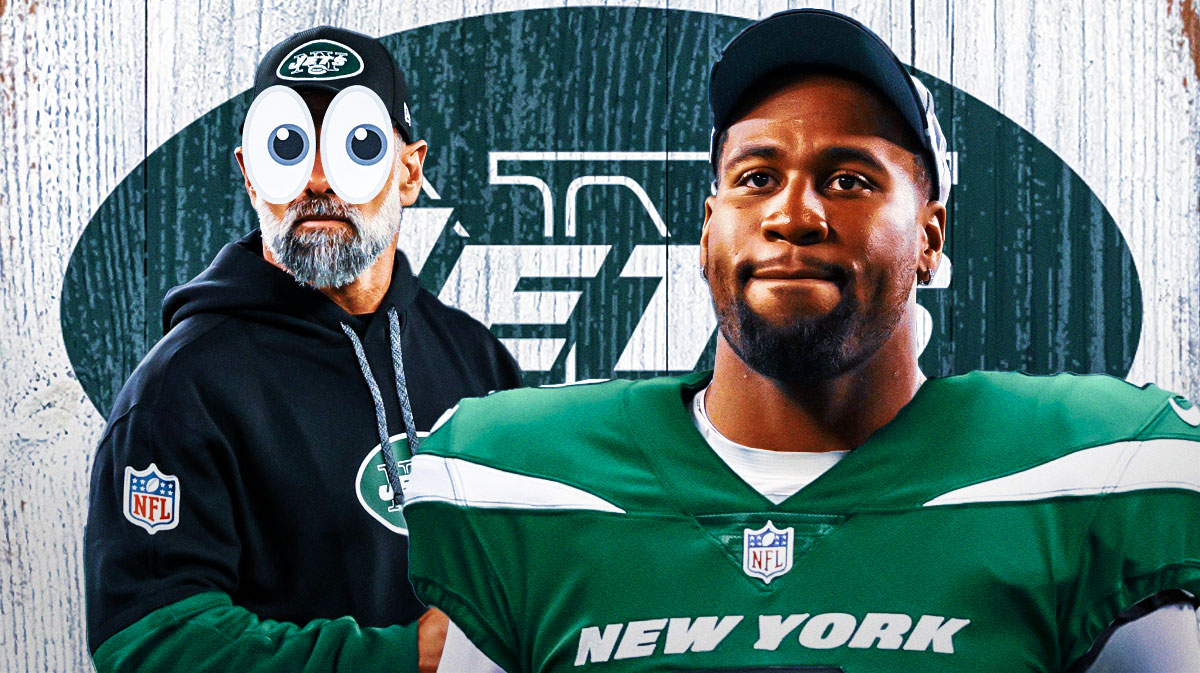 Jets' Jeff Ulbrich with emojis in his eyes looking at Haason Reddick