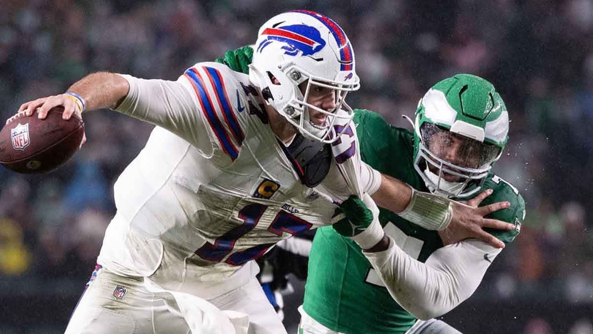 Philadelphia Eagles linebacker Haason Reddick (7) sacks Buffalo Bills quarterback Josh Allen (17) during the second quarter at Lincoln Financial Field.