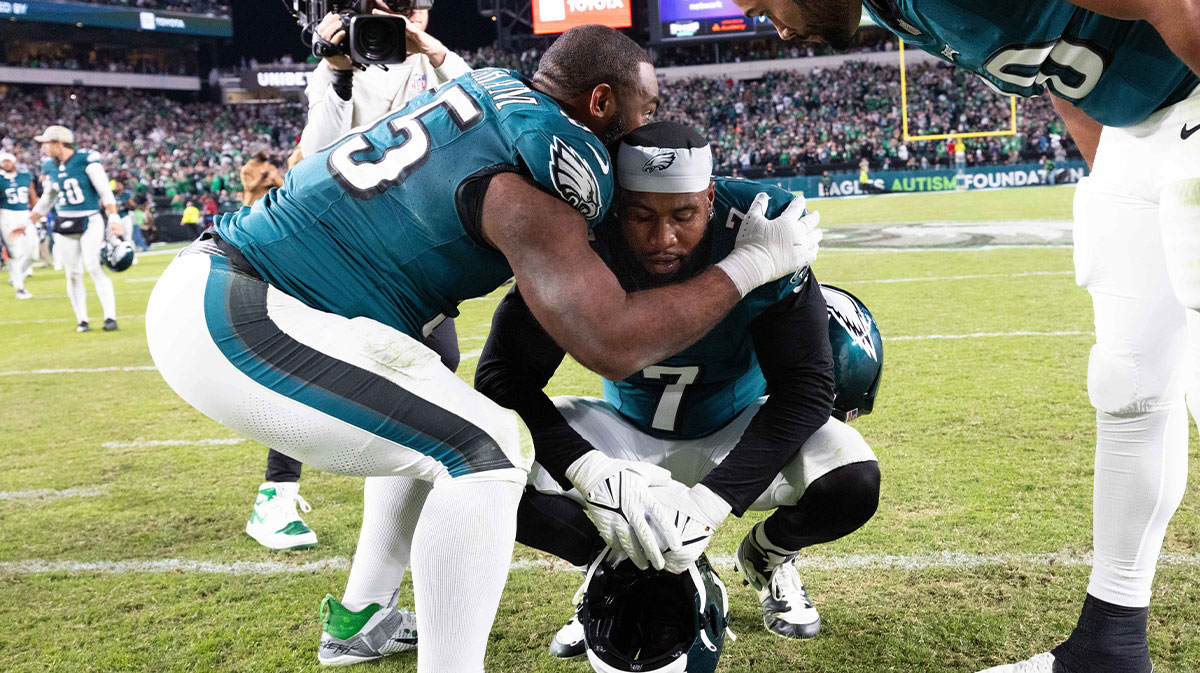 Philadelphia Eagles linebacker Haason Reddick (7) is hugged by defensive end Brandon Graham (55) after a victory against the Dallas Cowboys at Lincoln Financial Field.