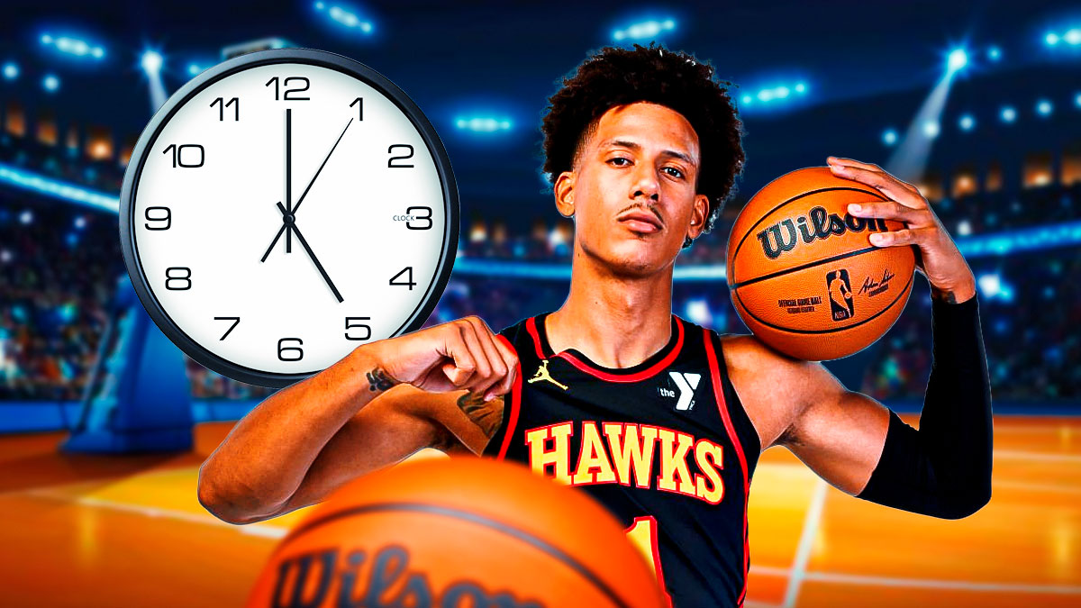 Jalen Johnson in a Hawks jersey with a time clock next to him.