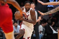 Miami Heat forward Haywood Highsmith (24) drives toward the basket against the Atlanta Hawks in the first half at Kaseya Center.