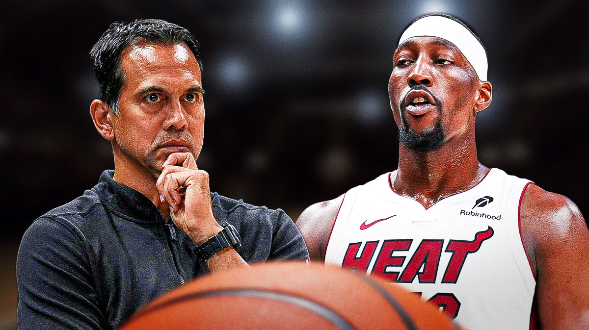Miami Heat star Bam Adebayo and Erik Spoelstra in front of Kaseya Center.