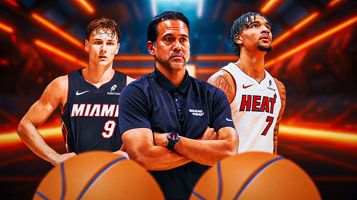 Miami Heat head coach Erik Spoelstra in the middle of Kel'el Ware and Pelle Larsson in front of Kaseya Center.