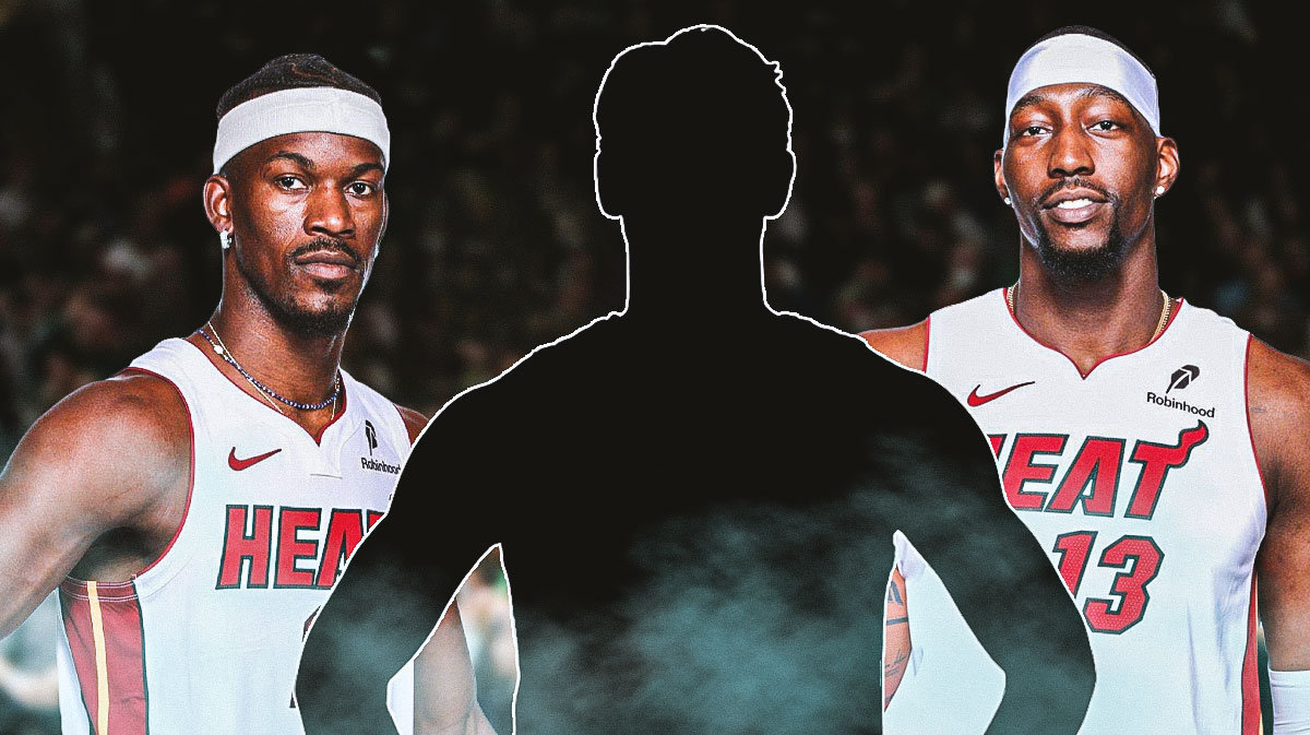 Miami Heat star Jimmy Butler and Bam Adebayo on either side where in the middle is a silhouette of Pelle Larsson in front of Kaseya Center.