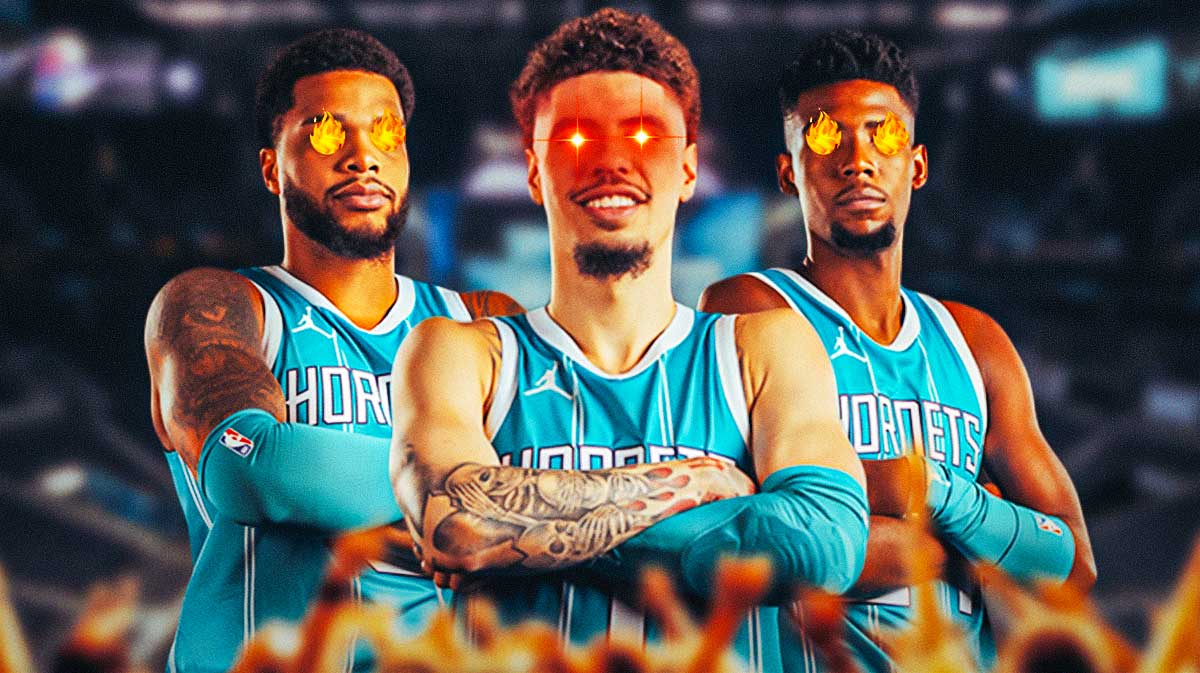 Hornets' LaMelo Ball with lasers in his eyes next to Miles Bridges and Brandon Miller with fire in their eyes