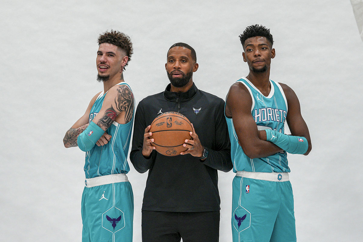 Charlotte Hornets guard LaMelo Ball (1) poses for a photo at Charlotte Hornets Media Day at the Spectrum Center in Charlotte, NC.