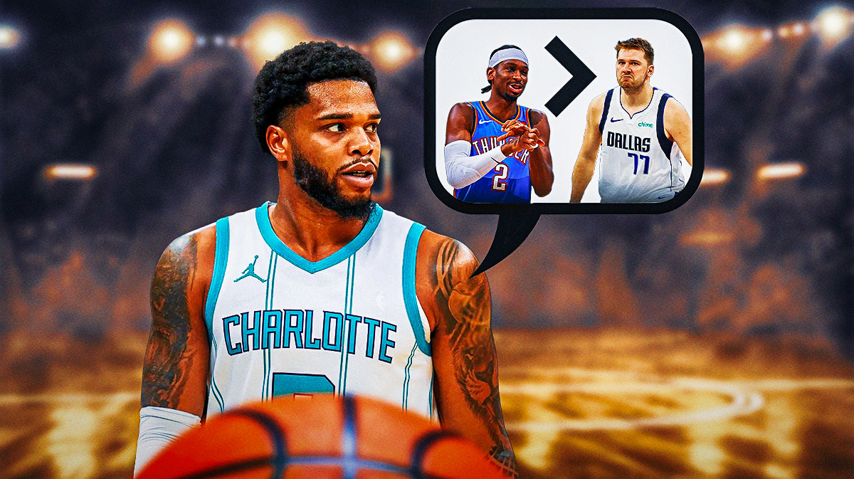 Charlotte Hornets forward Miles Bridges with a thought bubble that has Shai Gilgeous Alexander, with a greater sign pointing towards him, and next to Shai is Luka Doncic.