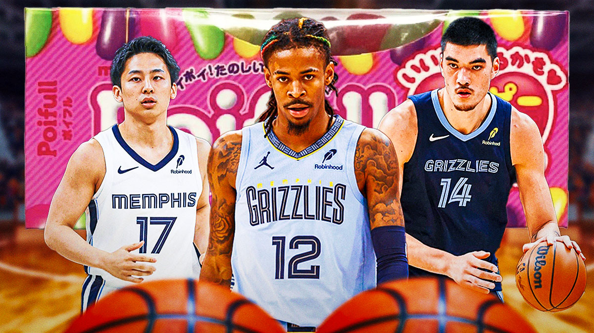 Grizzlies players Ja Morant, Zach Edey, Yuki Kawamura, and a box of Poifull jelly beans.