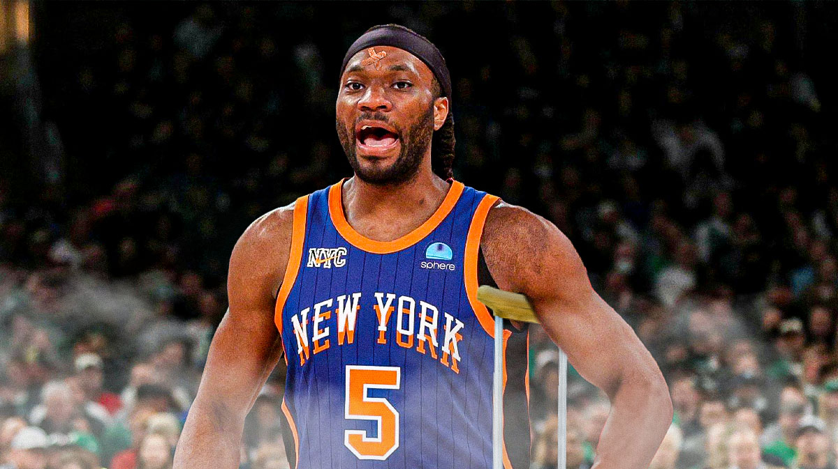 Precious Achiuwa screaming (from mid-2023-24) with a bandage superimposed on his head and crutches under his arms