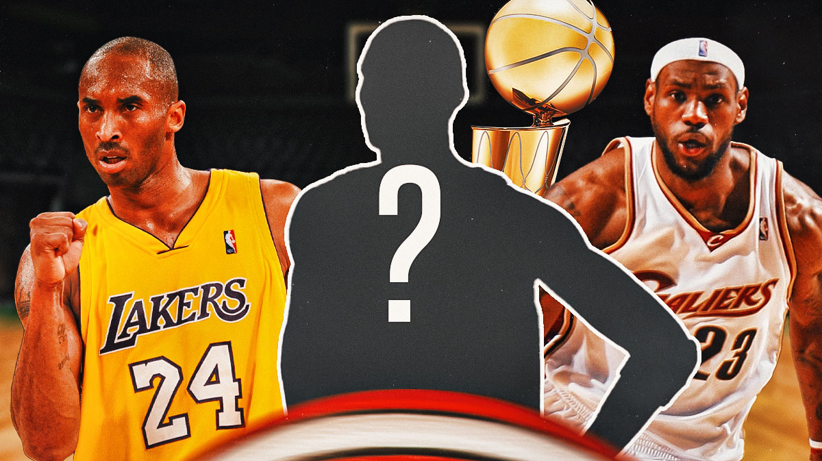 Kobe Bryant, LeBron James, an NBA championship trophy and a silhouetted Kevin Garnett