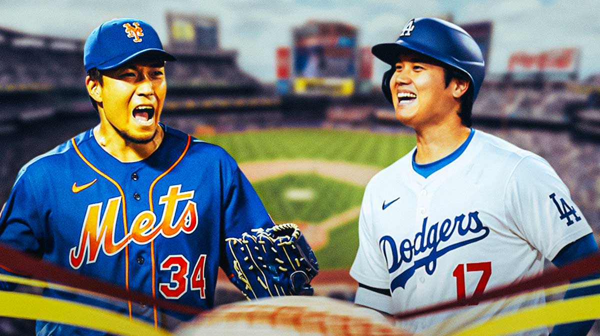 Mets' Kodai Senga looking dejected/defeaed next to Dodgers' Shohei Ohtani smiling