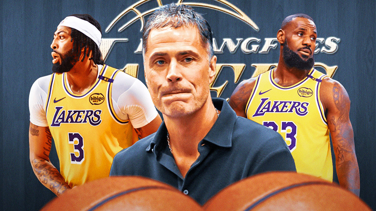 Los Angeles Lakers general manager Rob Pelinka looking concerned, with Anthony Davis and LeBron James by his side, and the Lakers logo behind all of them.
