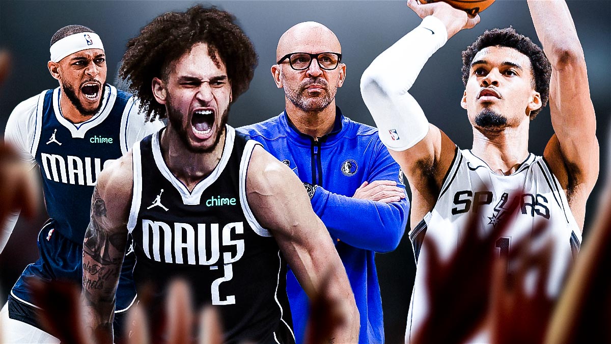 Mavericks Dereck Lively II, Mavericks Daniel Gafford and Mavericks Jason Kidd all on left looking serious. Spurs Victor Wembanyama shooting a basketball on right.