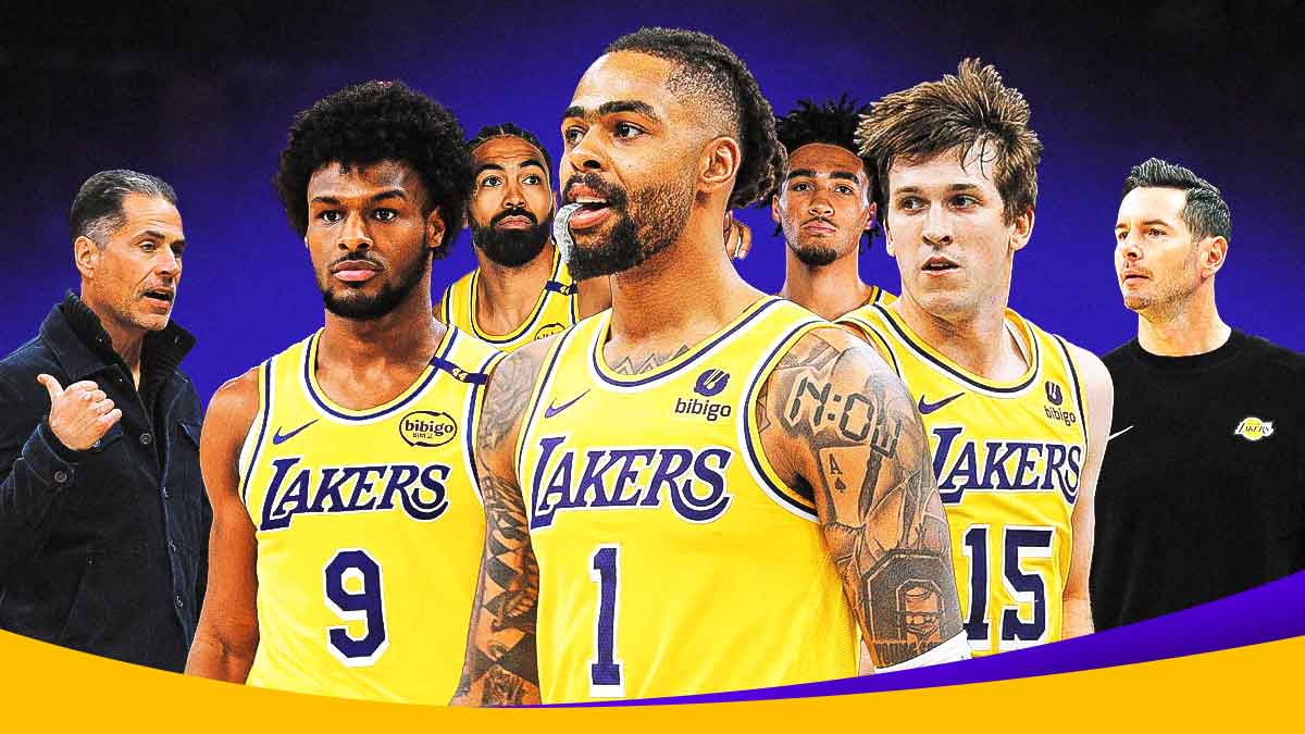 Photo: D'Angelo Russell, Austin Reaves, Gabe Vincent, Bronny James, Jalen Hood-Schifino all in action in Lakers jerseys, Rob Pelinka, JJ Redick looking at them