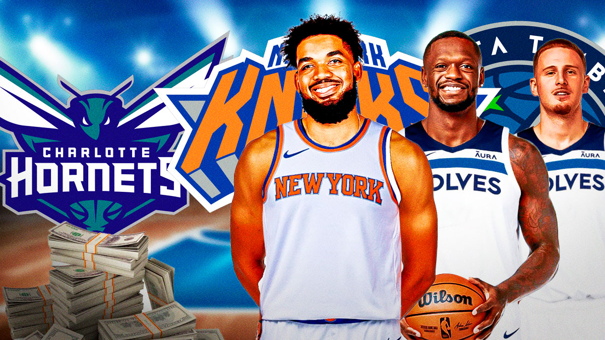 Knicks' Karl-Anthony Towns next to Timberwolves and Hornets.
