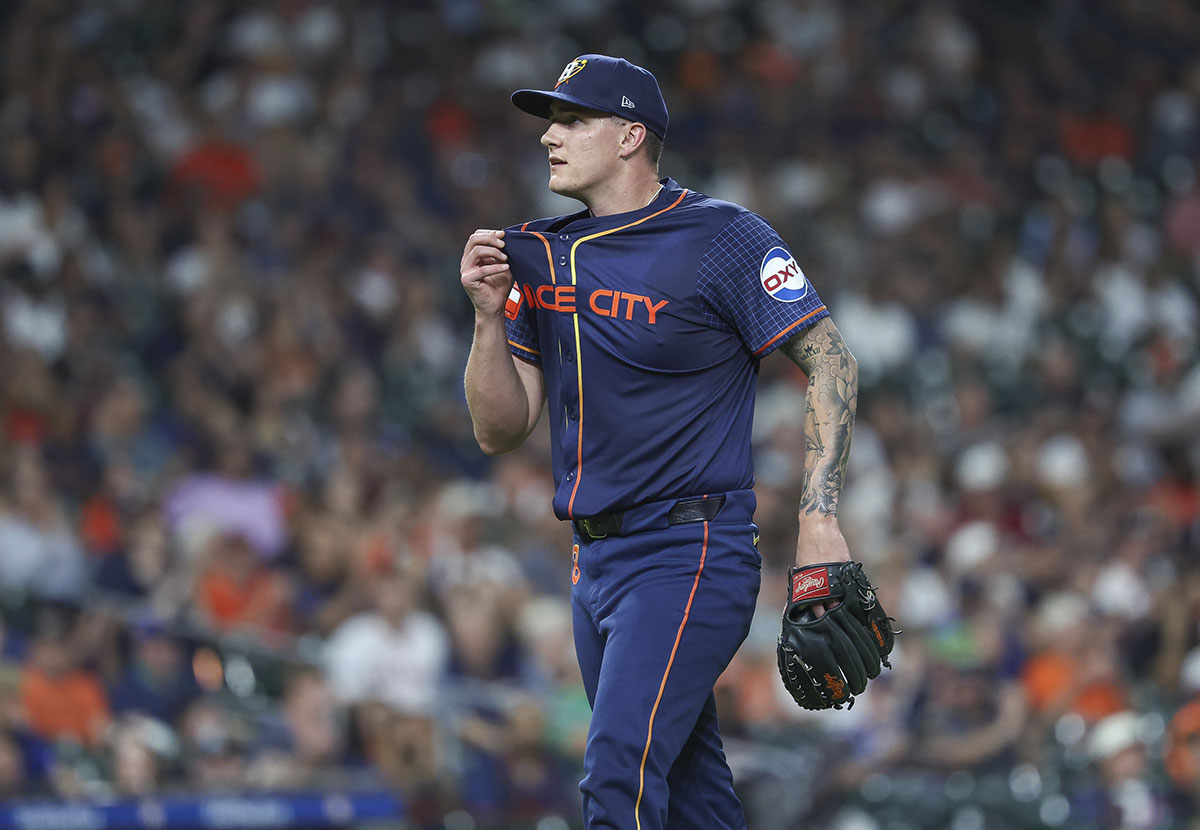 Houston Astros starting pitcher Hunter Brown (58) walks off the mound after pitching during the fourth inning against the Seattle Mariners at Minute Maid Park.