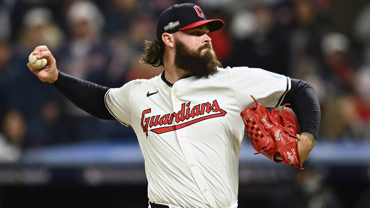 Cleveland Guardians pitcher Hunter Gaddis (33) pitches in the eighth inning against the New York Yankees during game four of the ALCS for the 2024 MLB playoffs at Progressive Field.