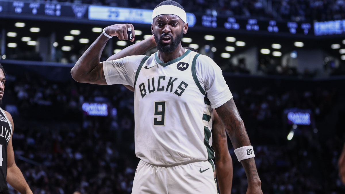 Milwaukee Bucks forward Bobby Portis (9) celebrates after scoring in the second quarter against the Brooklyn Nets at Barclays Center.
