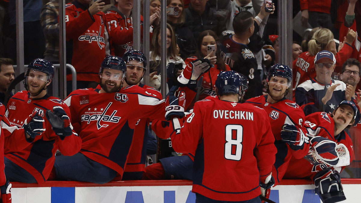 Washington Capitals left wing Alex Ovechkin (8) celebrates with teammates after scoring an empty net goal against the Philadelphia Flyers in the third period goal at Capital One Arena.
