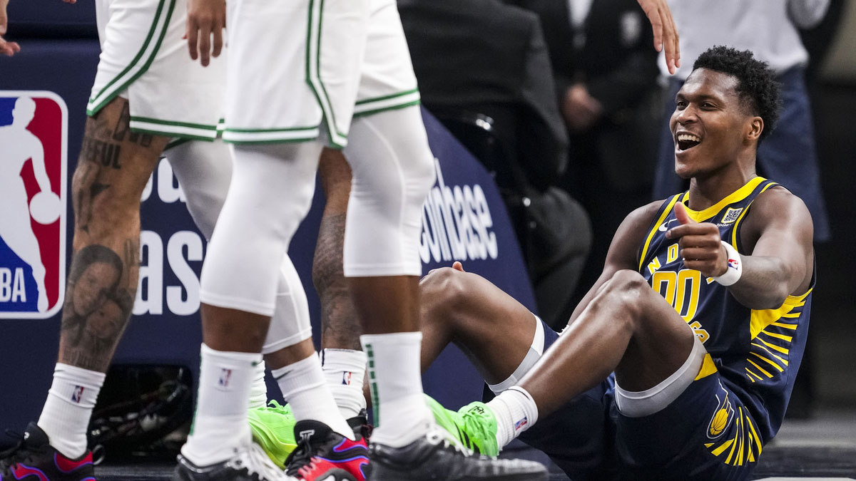 Indiana Pacers guard Bennedict Mathurin (00) celebrates after scoring during a game against the Boston Celtics at Gainbridge Fieldhouse.