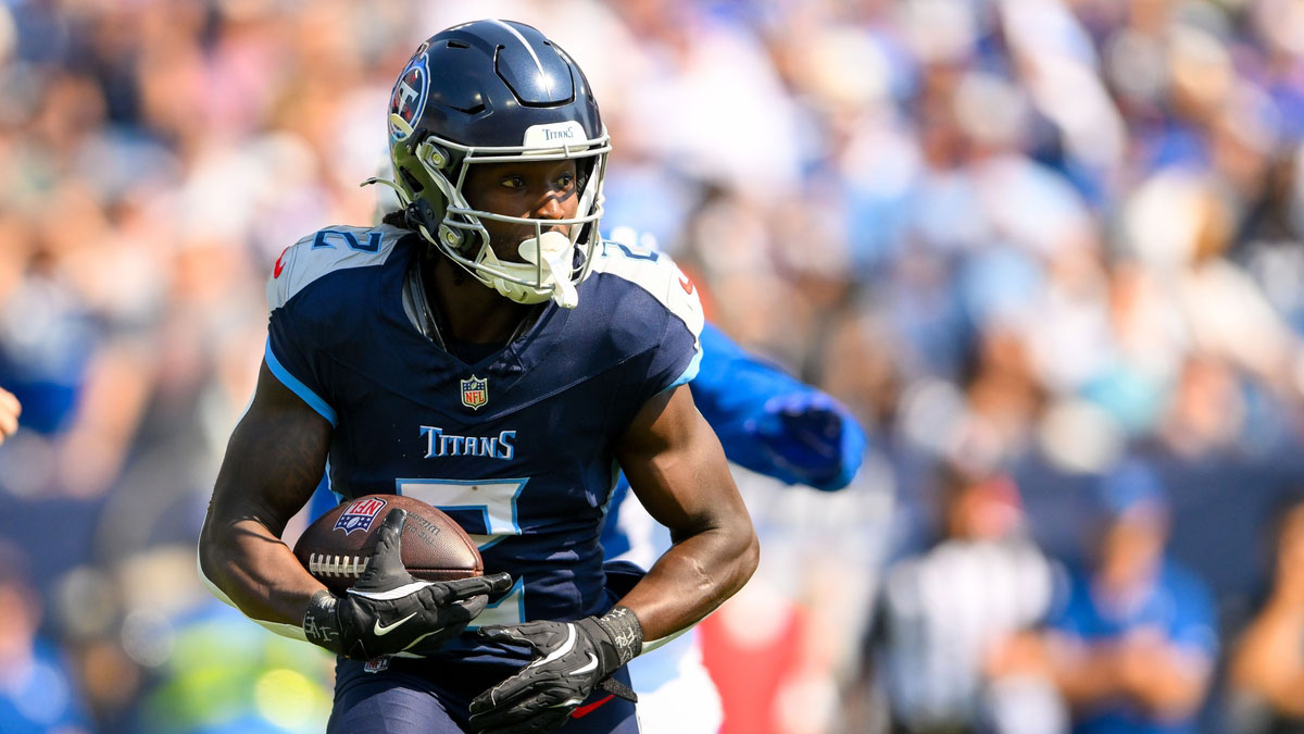 Tennessee Titans running back Tyjae Spears (2) runs the ball against the Indianapolis Colts during the first half at Nissan Stadium.