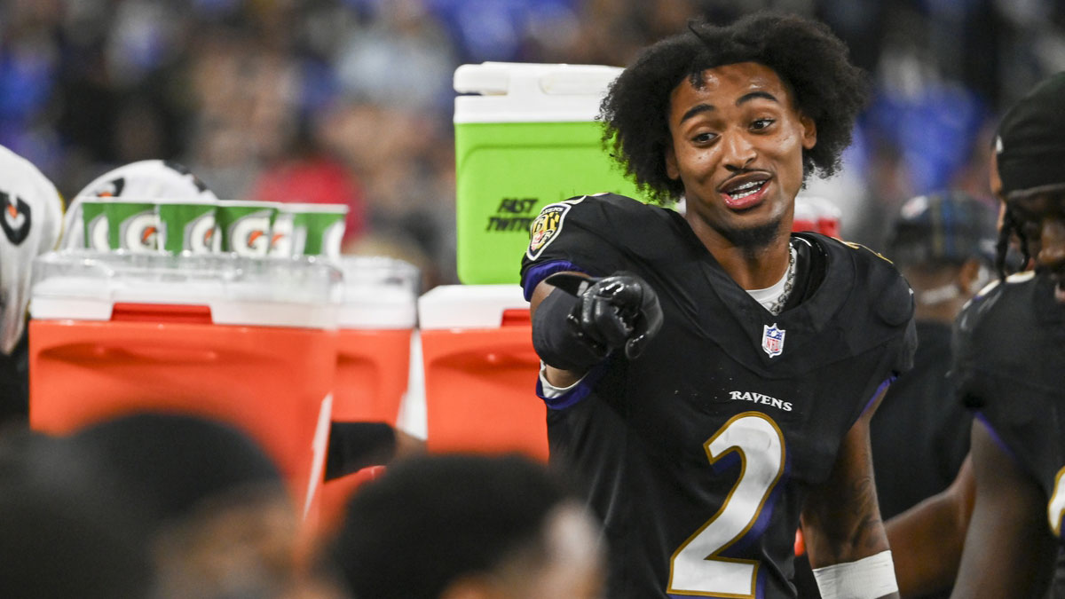 Baltimore Ravens cornerback Nate Wiggins (2) reacts on the sidelines during the second half against the Buffalo Bills