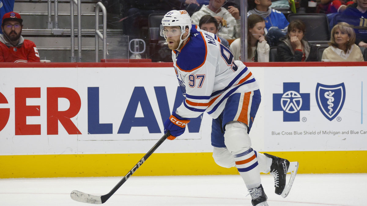 Edmonton Oilers center Connor McDavid (97) handles the puck during the third period of the game against the Detroit Red Wings at Little Caesars Arena.