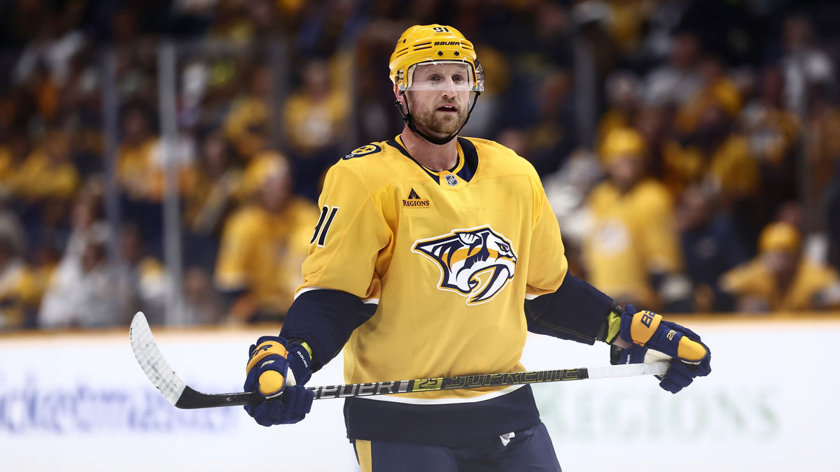 Nashville Predators center Steven Stamkos (91) waits for a face-off against the Columbus Blue Jackets late in the first period at Bridgestone Arena.