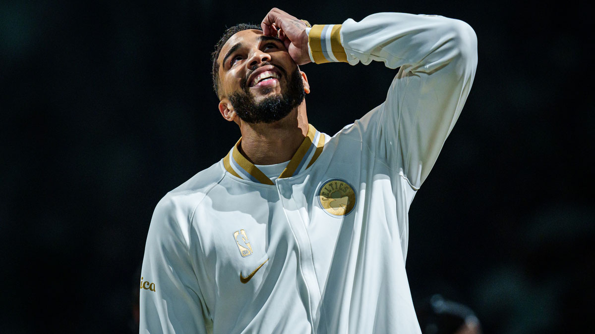 Boston Celtics forward Jayson Tatum (0) reacts during the opening night banner raising ceremony before the start of the game against the New York Knicks at TD Garden.
