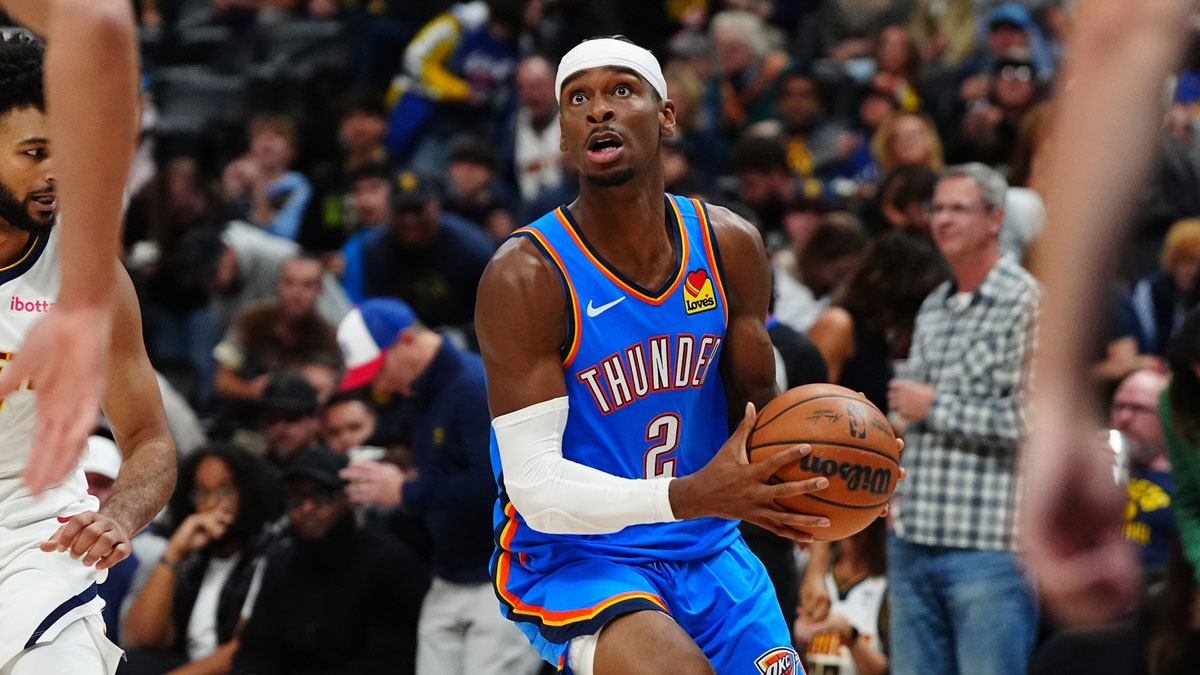 Oklahoma City Thunder guard Shai Gilgeous-Alexander (2) during the first quarter against the Denver Nuggets at Ball Arena.