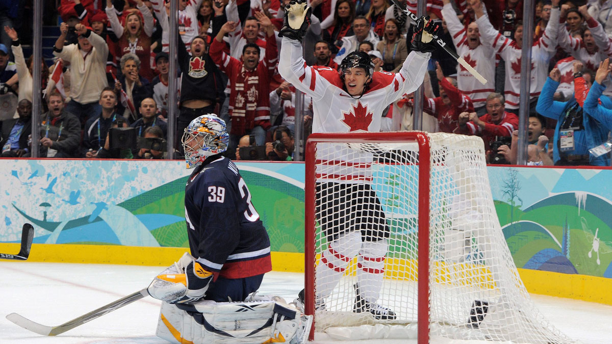 Canada forward Sidney Crosby (87) scores the game winning goal in overtime against the USA during the mens hockey gold medal match in the 2010 Vancouver Winter Olympics at Canada Hockey Place.