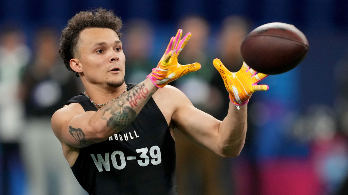 Michigan wide receiver Roman Wilson (WO39) during the 2024 NFL Combine at Lucas Oil Stadium.