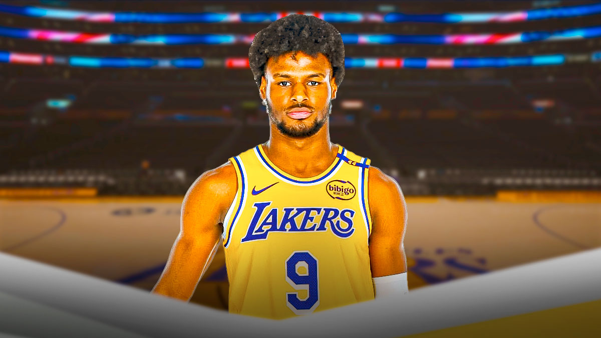LA Lakers player Bronny James with the Lakers arena in the background, rookie season